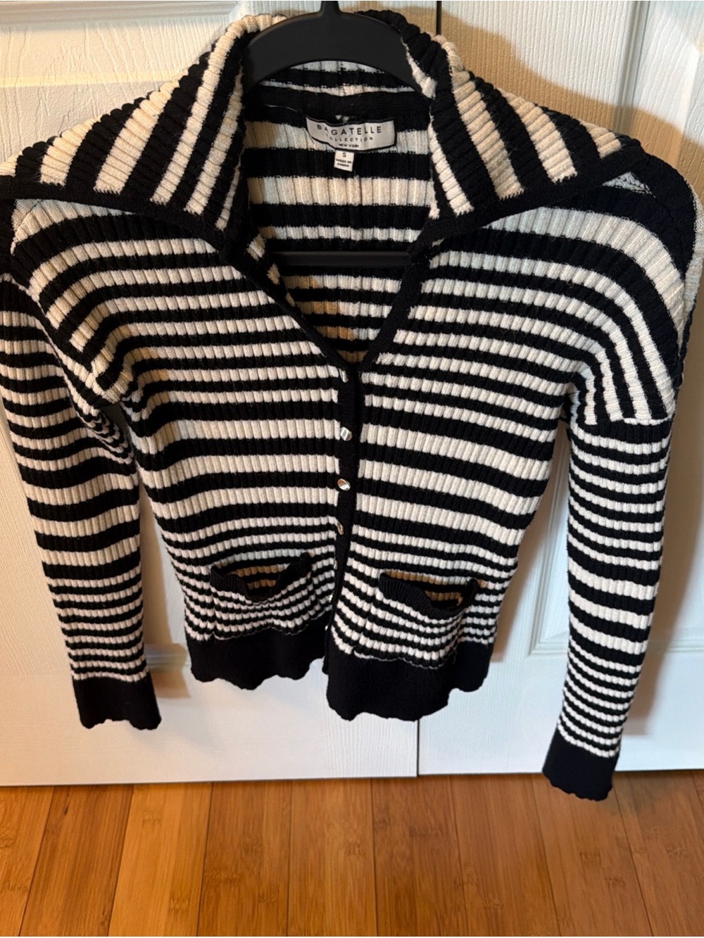 bagatelle Black & White Striped Ribbed Cardigan with Pockets